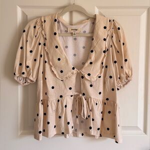Anthropologie Beige Polka Dot Ruffle Collar Blouse